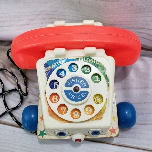 Fisher Price 1961 Chatter Telephone Pull Toy Wood Plastic Rainbow Lots Of Wear - Picture 3 of 11